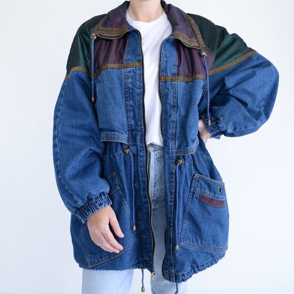 Vintage CBO New York Blue Denim w Purple & Green Block Pattern Heavy  Jacket 4X - Picture 2 of 15